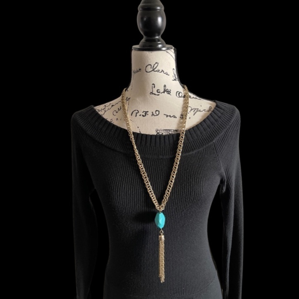 Lucky Brand Gold-tone Boho Necklace Chunky Chain Turquoise Bead Tassel Long